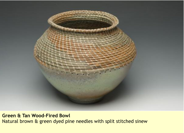 Green & Tan Wood-Fired Bowl Natural brown & green dyed pine needles with split stitched sinew