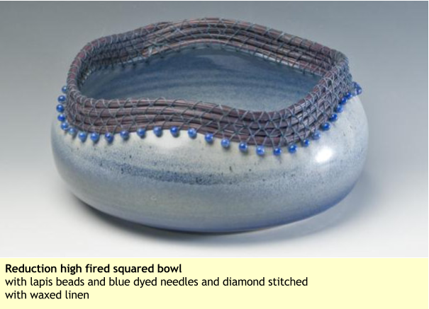 Reduction high fired squared bowl with lapis beads and blue dyed needles and diamond stitchedwith waxed linen