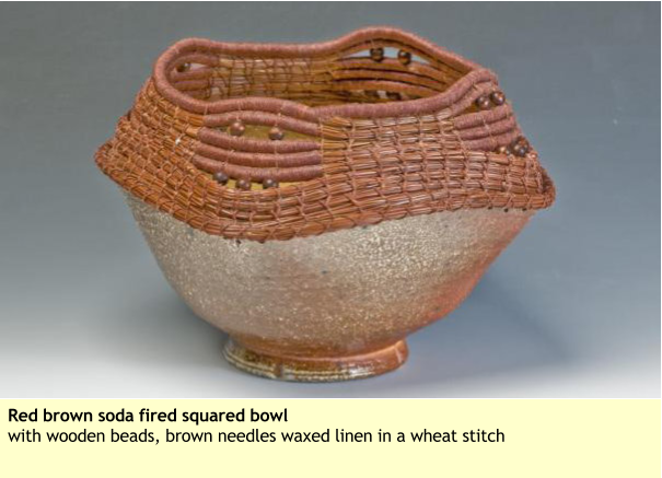 Red brown soda fired squared bowl with wooden beads, brown needles waxed linen in a wheat stitch